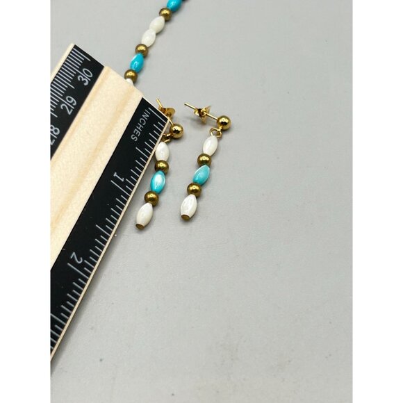 Necklace & Earrings Set White Turquoise Dyed Mother of Pearl Beads Gold Accents - Picture 6 of 6